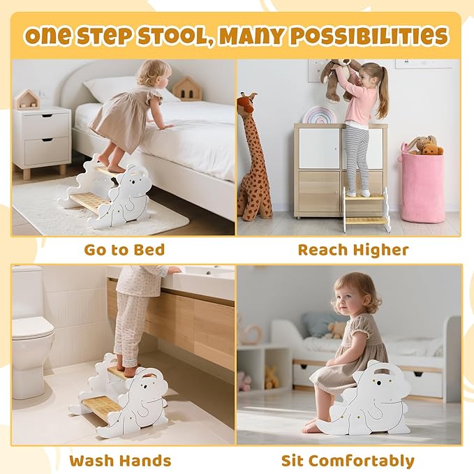 COSYLAND Height Adjustable Kids Step Stools - Supports Up to 220 LBS Wooden Step Stool for Toddlers, Portable Stepping Stools with Handle for Kitchen, Bathroom (Natural & White)