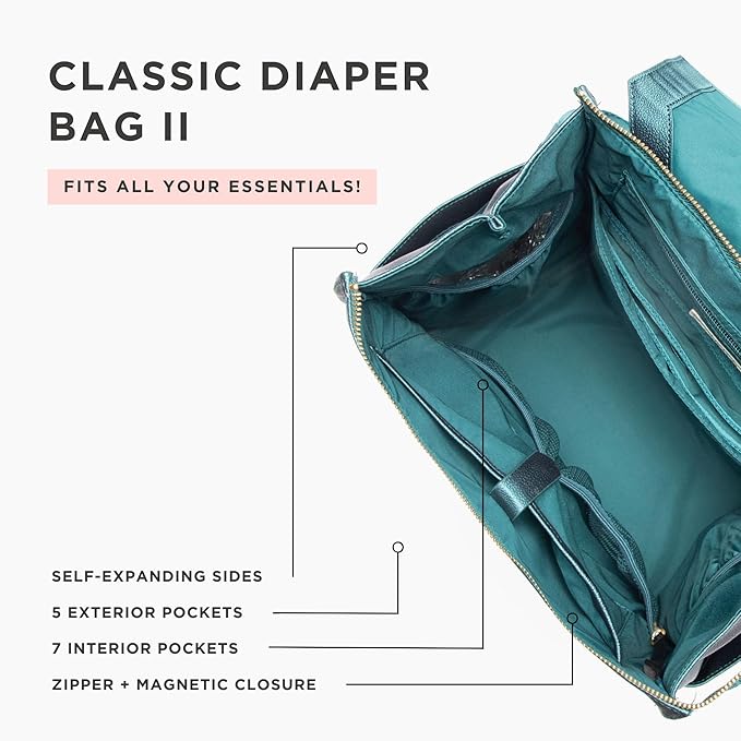 Freshly Picked Classic II Diaper Bag Backpack, Wipeable Vegan Leather With Changing Pad (Emerald V2)