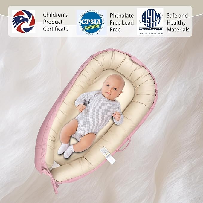 Infant Lounger, Portable Baby Nest Cover, 100% Cotton, Breathable & Reversible, Baby Lounger for Newborn, Adjustable Baby Floor Seat for Tummy Time, Essentials for Newborns (Pink)
