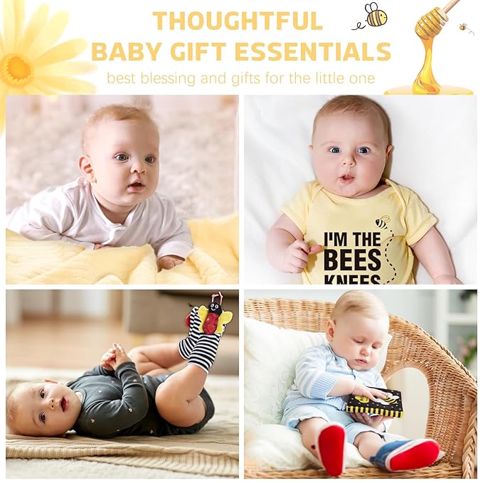 Baby Gift Set for Newborn, Bee Baby Shower Gifts Basket, High Contrast Baby Book Toys 0-6 Months Infant Rattle Socks Blanket Hat Onesie Baby Gifts Essentials for Girls Boys