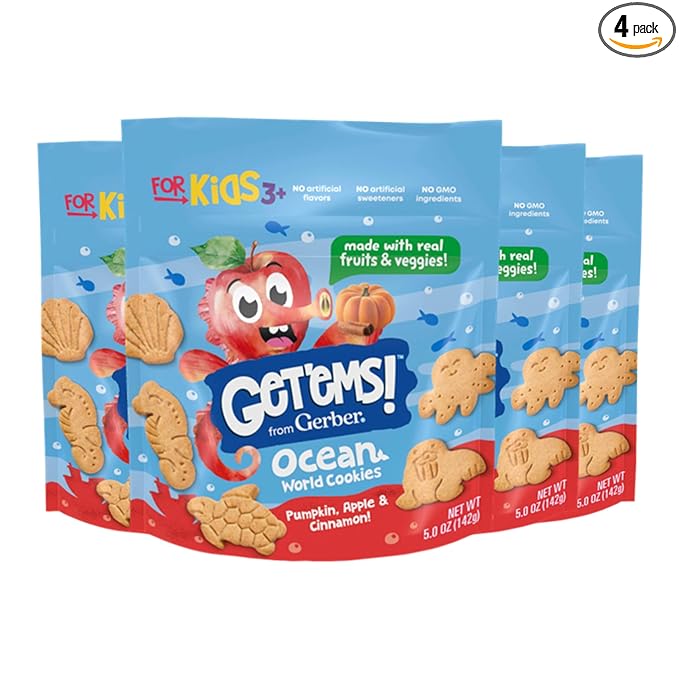 Get'ems! from Gerber Pumpkin, Apple & Cinnamon Ocean World Cookies, Kids Snack Made with Real Veggies & Fruits, Iron & Vitamin E