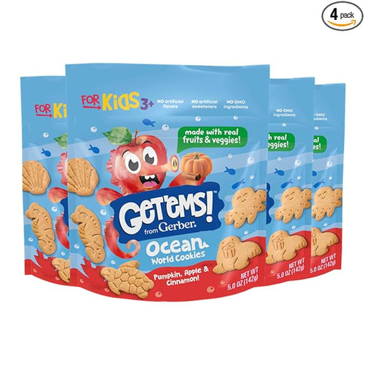 Get'ems! from Gerber Pumpkin, Apple & Cinnamon Ocean World Cookies, Kids Snack Made with Real Veggies & Fruits, Iron & Vitamin E