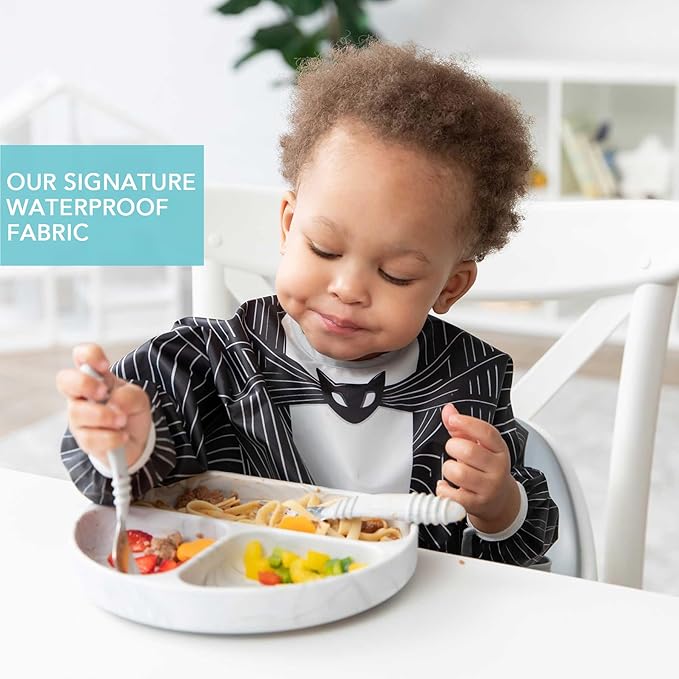 Bumkins Disney Sleeved Bib for Girl or Boy, Baby and Toddler for 6-24 Mos, Essential Must Have for Eating, Feeding, Baby Led Weaning Supplies, Long Sleeve Mess Saving Food Catcher, Jack Skellington