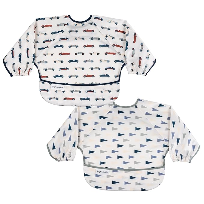 Tiny Twinkle Mess Proof Baby Bibs, 2pk Waterproof Smock Baby Bibs for Eating, Machine Washable Long Sleeve Bibs, Baby Led Weaning, Toddler Bibs, BLW Supplies (Cars,Flags, Small 6-24 Months)