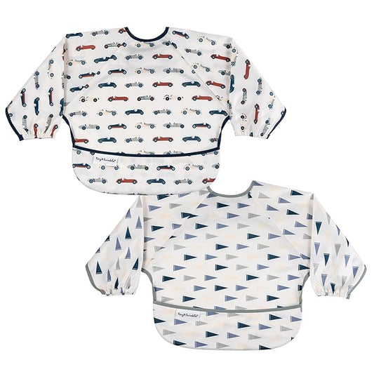 Tiny Twinkle Mess Proof Baby Bibs, 2pk Waterproof Smock Baby Bibs for Eating, Machine Washable Long Sleeve Bibs, Baby Led Weaning, Toddler Bibs, BLW Supplies (Cars,Flags, Small 6-24 Months)