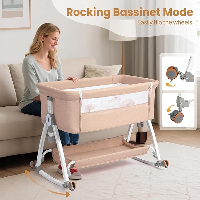 JOYMOR 3 in 1 Baby Bassinet, Bedside Bassinet for Baby, with Comfy Mattress and Wheels, 6 Height Adjustable Easy Folding Portable Bedside Crib for Newborn (Beige)