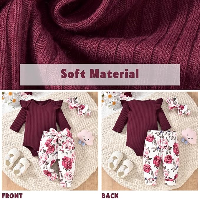 Aalizzwell Preemie Newborn Infant Baby Girls Clothes Ribbed Romper Bodysuit Pants Set Fall Winter Outfits