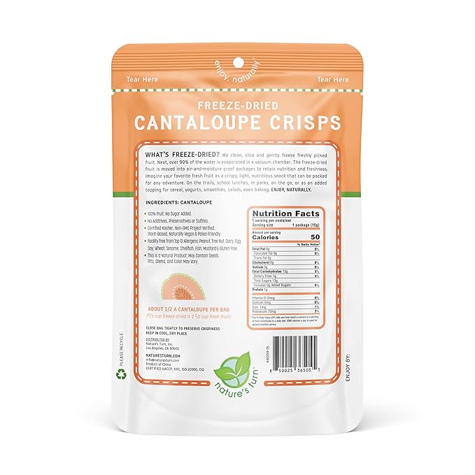 Nature’s Turn Freeze-Dried Cantaloupe Crisps – Healthy, Gluten-Free, Crispy & Delicious, Plant-Based Snack, Ideal for Cereal, Smoothies, School Lunches, & On-the-Go, Pack of 12 (0.53 oz Each)