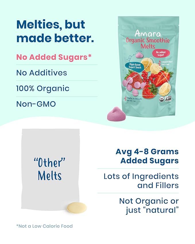 Amara Smoothie Melts - Mixed Red Berries - Baby Snacks Made With Fruits and Vegetables - Healthy Toddler Snacks For Your Kids Lunch Box - Organic Plant Based Yogurt Melts - 6 Resealable Bags