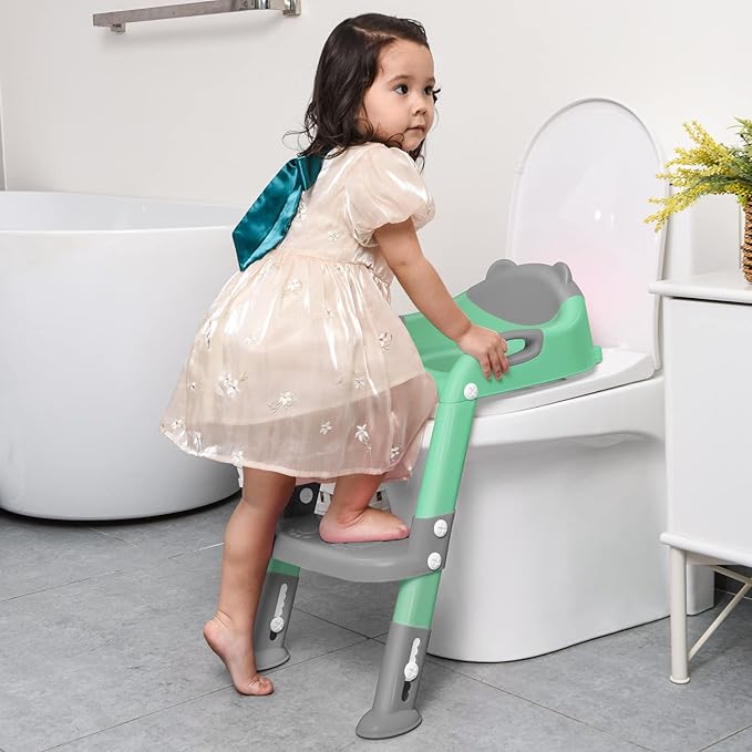 Potty Training Seat with Step Stool Ladder, SKYROKU Potty Training Toilet for Kids Boys Girls Toddlers - Comfortable Safe Potty Seat with Anti-Slip Pads Ladder Grey Green