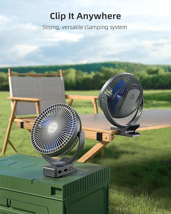 Koonie 10000mAh Rechargeable Portable 8-Inch Clip-on Fan, USB Car Fan 4 Speeds, Sturdy Clamp for Office Desk, Golf Cart, Stroller, Outdoor, Travel, Camping, Tent, Gym, Treadmill