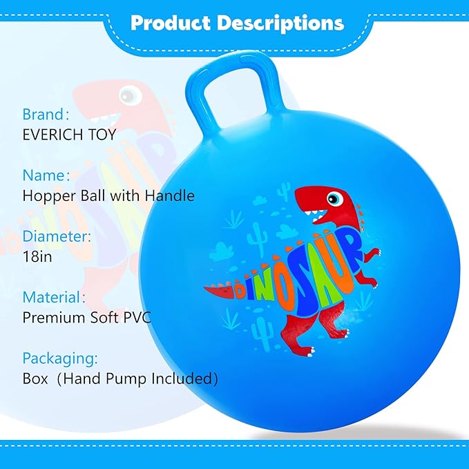 EVERICH TOY Hopper Ball, Dinosaur Hopping Toys for Kids, 18 Inch Bouncy Ball with Handle, Blue Inflatable Bouncing Hoppity Hop Toys for Boys and Girls Gifts