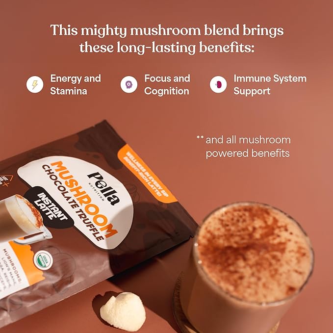 Organic Chocolate Truffle Instant Latte - Hot Chocolate Blend - Vegan, Non-GMO, Mushroom Coffee Organic - Reishi, Chaga, Lion's Mane, Turkey Tail - Mushroom Latte Supplement, Caffeine-Free 30 Servings