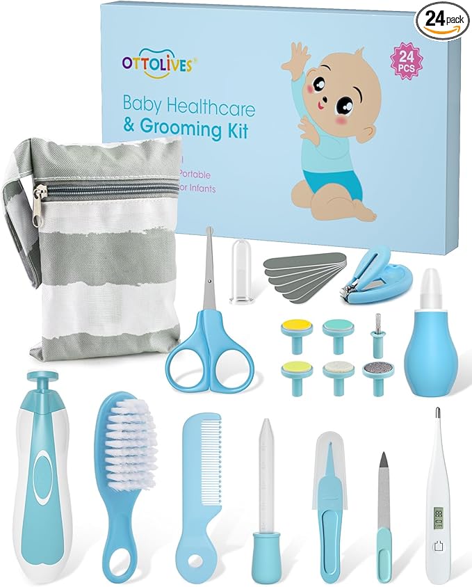 OTTOLIVES Baby Healthcare and Grooming Kit, 24 in 1 Baby Electric Nail Trimmer Set Newborn Nursery Health Care Set for Newborn Infant Toddlers Baby Boys Girls Kids Haircut Tools (0-3 Years+) (Blue)