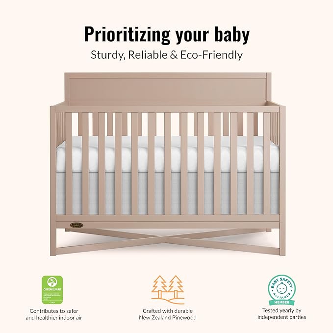Dream On Me Owen 5-in-1 Convertible Full-Size Baby Crib in Seagrass, GreenGuard Gold & JPMA, Converts to Toddler, Day, & Full-Size Bed, Non-Toxic Paint, Safe Sleep Environment