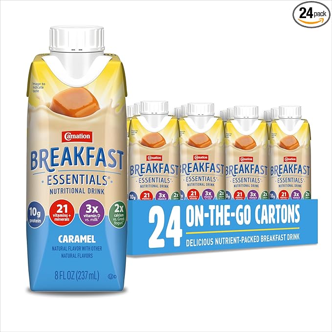 Carnation Breakfast Essentials Original Nutritional Drink, New Caramel Flavor, Ready-to-Drink, 10g Protein, Vitamins D & C, Key Nutrients for Immune Support, Gluten Free, Kosher, 8 FL OZ (24 Pack)