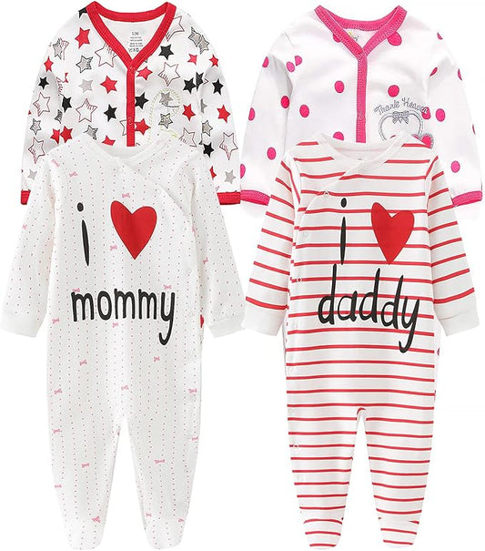 Baby Boys Girls Footies One-Piece Romper Long-Sleeve Jumsuit Cotton Newborn Clothes Set 4-Pack, Baby Pajamas