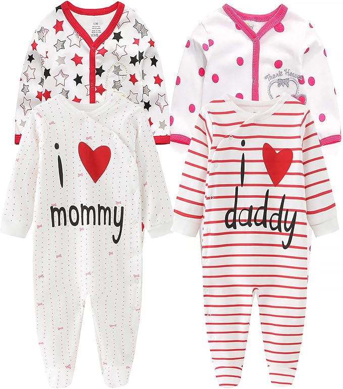 Baby Boys Girls Footies One-Piece Romper Long-Sleeve Jumsuit Cotton Newborn Clothes Set 4-Pack, Baby Pajamas