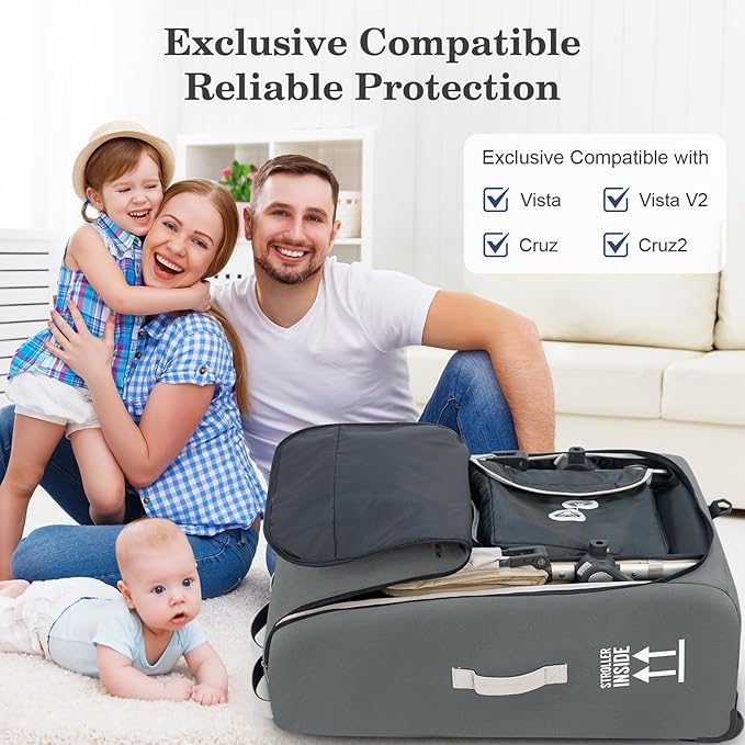 Stroller Bag for Airplane, Stroller Travel Bag Compatible with UPPAbaby Vista, Vista V2, Cruz V2, Rolling Wheel Bag with Storage Pocket, Multiple Handles, Luggage Tag for Flight Travel, Grey
