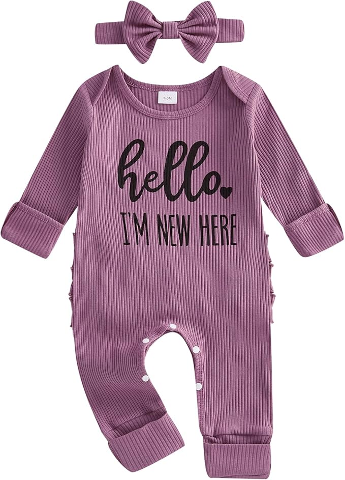 Newborn Baby Girls Rompers Knit Round Neck Long Sleeve Infant Fall Jumpsuits with Headband Coming Home Outfit
