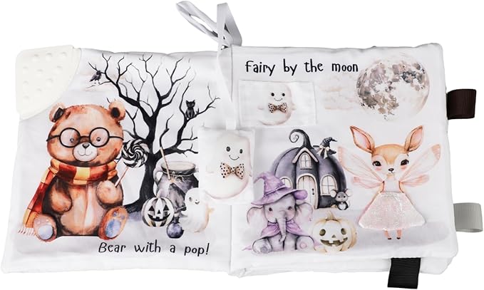 Ali+Oli Baby Cloth Book – Soft Sensory Crinkle Book with Teether for Infants 0-12 Months – Early Learning Touch & Feel Tummy Time Toy – Newborn Shower Gift for Christmas - Halloween Paws