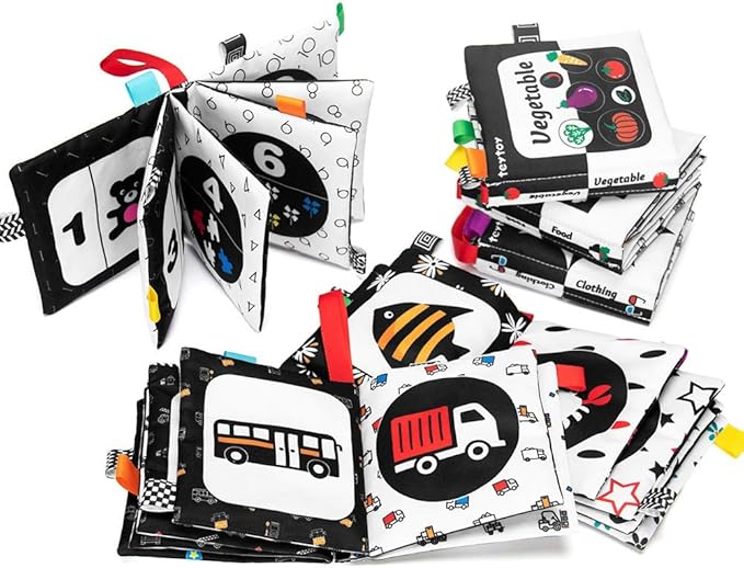 teytoy Baby Soft Cloth Book Set 6 PCS, Black and White High Contrast Baby Activity Crinkle Books for 0 3 6 9 12 Months Newborn Infants Babies Boys and Girls Early Educational Learning Toys