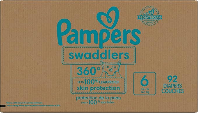Pampers Diapers - Swaddlers 360° - Size 6, 92 Count, up to 100% Leakproof Comfy Dry Fit, Designed for Easy Changes, Pull On Baby Diaper (Packaging May Vary)