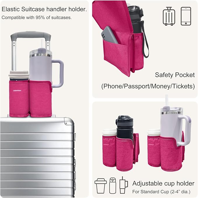 2 in 1 Luggage Cup Holder for Suitcase|Airplane Tray Table Carry on Hands Free Drink Carrier for Stanley Tumblers Coffee Beverage Organizer (Pink)