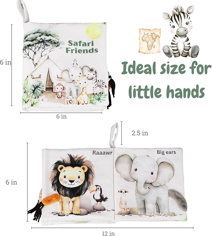 Ali+Oli Baby Cloth Book – Soft Sensory Crinkle Book with Textured Tails for Infants 0-12 Months – Early Learning Touch & Feel Tummy Time Toy – Newborn Shower Gift - Safari Friends
