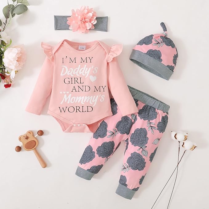 Renotemy Newborn Baby Girl Clothes Outfits Infant Romper Ruffle Floral Pants Cute Toddler Baby Girl Clothes Set