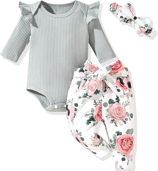 Aalizzwell Preemie Newborn Infant Baby Girls Clothes Ribbed Romper Bodysuit Pants Set Fall Winter Outfits