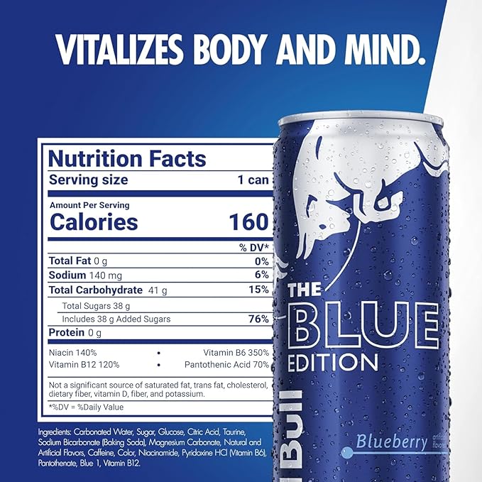 Red Bull Blue Edition Energy Drink, Blueberry, with 114mg Caffeine plus Taurine & B Vitamins, 12 Fl Oz, Pack of 4 Cans