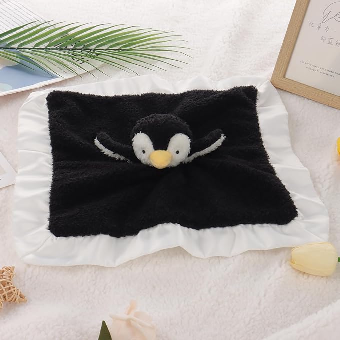 Apricot Lamb Stuffed Animals Soft Security Blanket Black Penguin Infant Nursery Character Blanket Luxury Snuggler Plush(Black Penguin, 14 Inches)