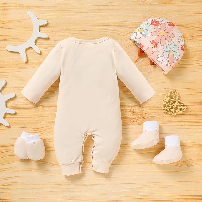 Sinhoon Newborn Baby Girl Romper Infant Letter Print Bodysuit Jumpsuit+Hat+Gloves+Socks 4Pcs Coming Home Clothes Outfit