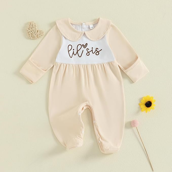 Newborn Baby Girl Footed Romper Onesie Little Sister Embroidery Fall Clothes Coming Home Outfit Vintage Jumpsuit