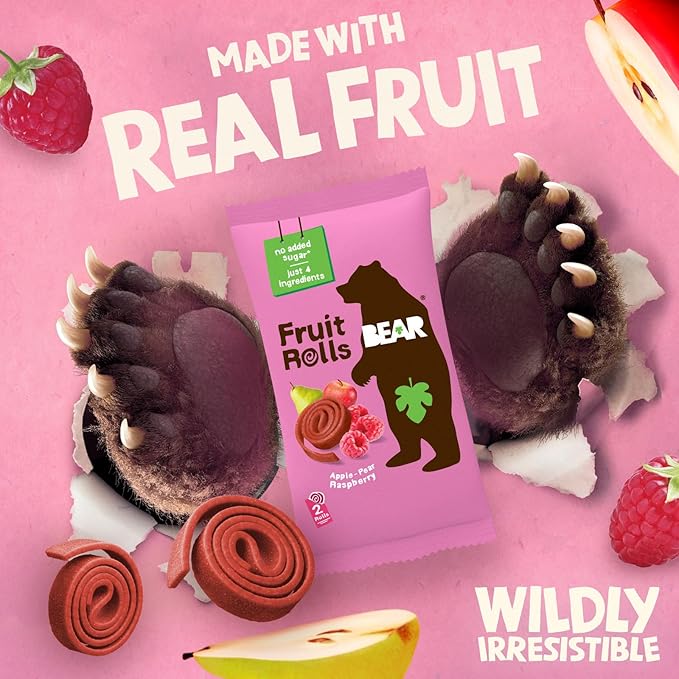 BEAR Real Fruit Snack Rolls - Gluten Free, Vegan, and Non-GMO - Raspberry – Healthy School And Lunch Snacks For Kids And Adults, 0.7 Ounce (Pack of 18)