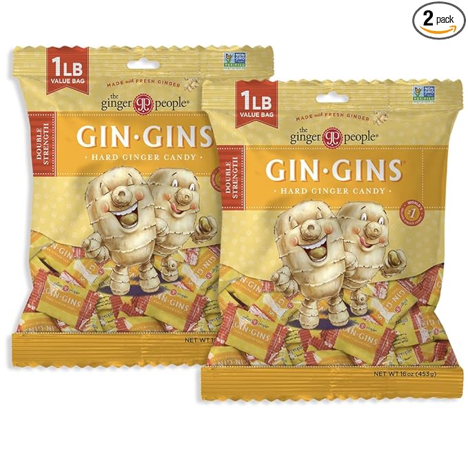 GIN GINS Double Strength Ginger Hard Candy – Natural Ginger Candy by The Ginger People – Individually Wrapped Healthy Candy – Double Strength Flavor – Large 1 lb Bag (16oz) – Pack of 2