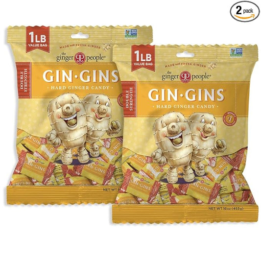 GIN GINS Double Strength Ginger Hard Candy – Natural Ginger Candy by The Ginger People – Individually Wrapped Healthy Candy – Double Strength Flavor – Large 1 lb Bag (16oz) – Pack of 2