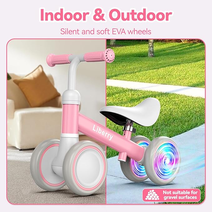 Liberry Light Up Baby Balance Bike 1 2 Years, Ride Toys with Adustable Seat for Girls, First Birthday Gift for Toddlers, Pink
