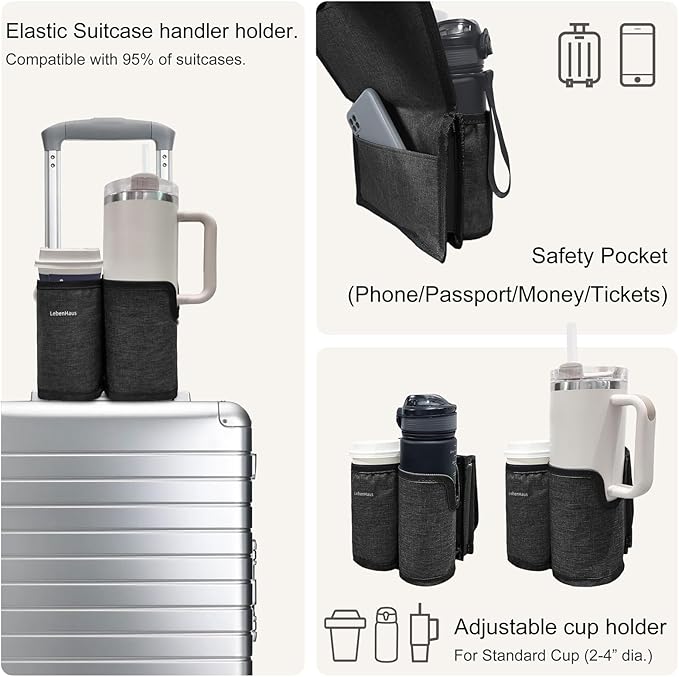 2 in 1 Luggage Cup Holder for Suitcase|Airplane Tray Table Carry on Hands Free Drink Carrier for Stanley Tumblers Coffee Beverage Organizer Gifts for Travelers (Black)