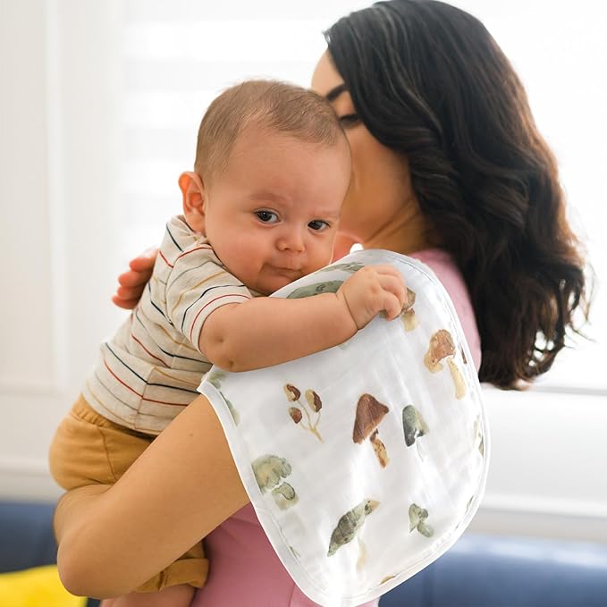 LifeTree Muslin Baby Burp Cloths - 2 Pack 70% Viscose from Bamboo and 30% Cotton Large 22'' by 10'' Absorbent Milk Spit Up Rags - Burping Cloths for Newborn, Girls Boys, Mushroom and Green Checkered