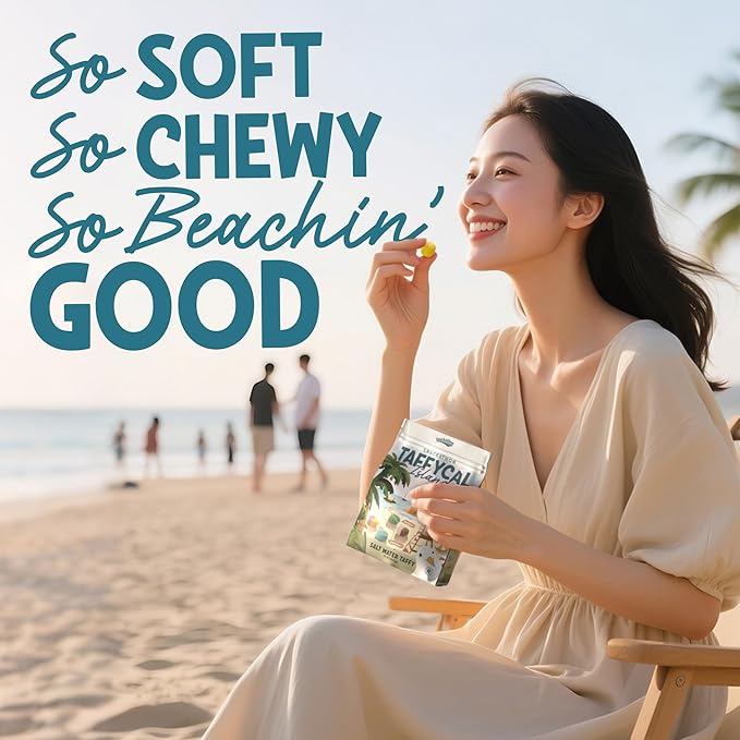 Snackathon Salt Water Taffy Assorted Mix – Taffycal Island Edition, 10-Flavor Tropical Variety, Individually Wrapped Soft & Chewy Gourmet Candy, Unique 7 oz Themed Bag for Gifting