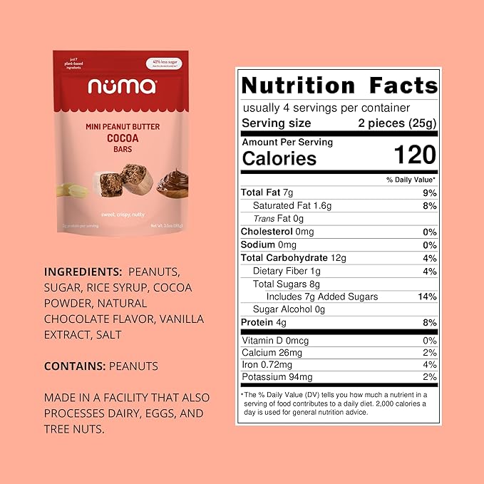 Numa Mini Peanut Butter Cocoa Bars - Vegan, Low Sugar, High Protein, Natural, Gluten Free - Crunchy Plant Based PB Snacks - 3 Bags with 8 Individually Wrapped Chocolate Protein Bars