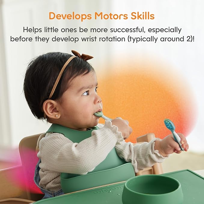 NumNum Baby Spoons Set, Baby Essentials Pre-Spoon GOOtensils for 6+ Months, First Stage Self-Feeding Spoons for Baby Led Weaning (BLW), Silicone Toddler Utensils, BPA-Free, 2 Pack Blue/Green