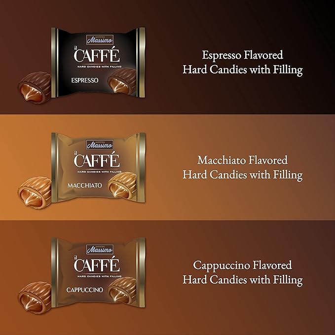 Maestro Massimo Center Filled Hard Pocket Coffee Candy, 3mg Caffeine per Candy, Individually Wrapped, Macchiato, Espresso, Cappuccino Flavored, 7.05 oz Bag - Variety Pack of 12