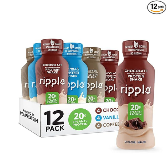 Ripple Plant Based Protein Shake Variety Pack | 20g of Quality Sourced Pea Protein, Calcium Rich | Shelf Stable | Vegan & Non GMO | Dairy, Soy, Nut, & Gluten Free | 12 Fl Oz Bottles (Pack of 12)