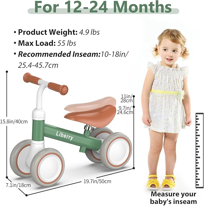 Liberry Baby Balance Bike for 1 Year Old Boys, 4 Wheels Toddler Balance Bike with Adjustable Seat, 12-24 Months Infant's First Birthday Gift (Green)