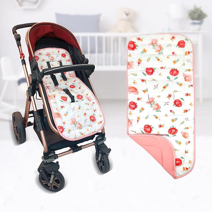 Baby Carriage Cushion, Universal Breathable Stroller Mat, Stroller Cushion for Strollers 100% Cotton, 34x78cm 1 Pack（Flowers+Pink））