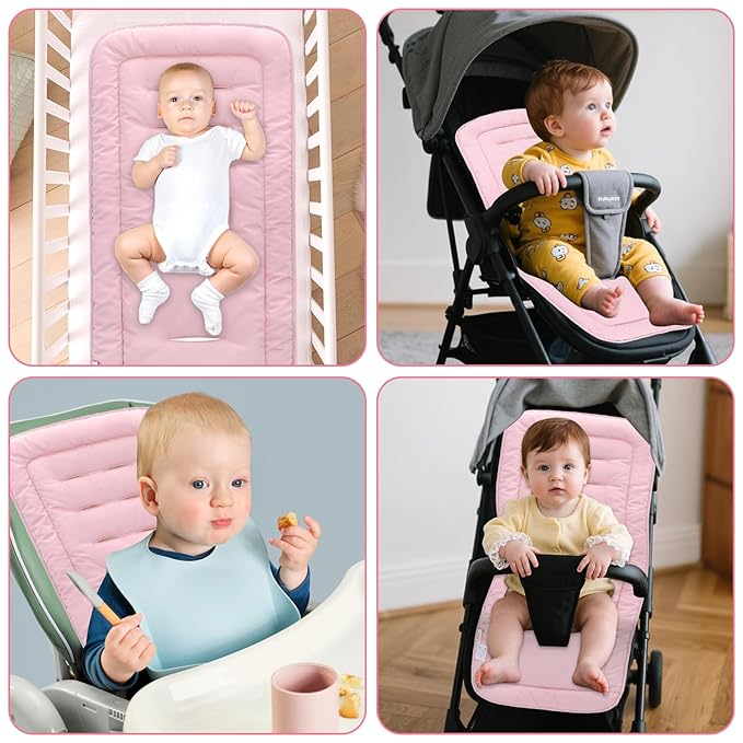 Baby Stroller Cushion,Infant Car Seat Insert-Reversible Universal Breathable and Soft Newborn Stroller Mat,100% Cotton Cover Toddler Seat Pad Liner-34x78cm,1 Pack(Beige+Pink)