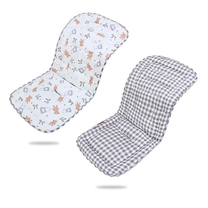Baby Stroller Cushion,Infant Car Seat Insert-Reversible Universal Breathable and Soft Newborn Stroller Mat,100% Cotton Cover Toddler Seat Pad Liner-34x78cm,1 Pack(Butter Bear+Gray Plaid)